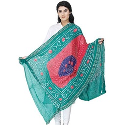 Exotic India Tie-Dye Bandhani Dupatta From Gujarat with Woven Border and Chakra - Pure Cotton