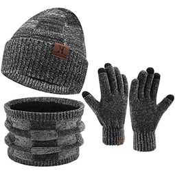 Men Women Winter Knit Warm Beanie Hat Scarf Touchscreen Gloves Set Slouchy Skull Caps Neck Warmer with Fleece Lined