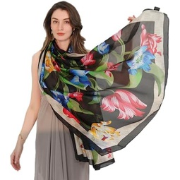Xinmurffy 100% Mulberry Satin Silk Travel Scarf Large Women Floral Shawl Oversize Soft Wraps For Evening Dresses (Black2323)
