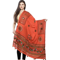 Exotic India Printed Dupatta from Kutch with Hand-Embroidered Florals and Mirrors