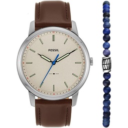 Fossil Mens Minimalist Quartz Stainless Steel and Leather Three-Hand Watch and Bracelet Gift Set, Color: Silver/Brown/Blue (Model: FS5966SET)