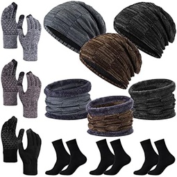 3 Sets Winter Beanie Hat Scarf Gloves Sock Set for Men, Warm Knitted Skull Cap Fleece Neck Warmer Touchscreen Glove Sock Set