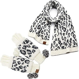 Funky Junque Womens Knit Leopard Print Faux Fur Pom and Cuff Beanies and Scarves