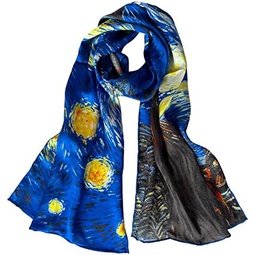 Van Gogh and Claude Monets Paintings, Fashion Silk Scarf Premium Shawl Wrap Art (Van Gogh - Starry Night)