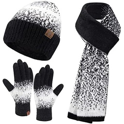 Womens Winter Knit Beanie Hats and Touchscreen Gloves Long Scarf Set with Warm Fleece Lined Skull Caps Scarves for Women
