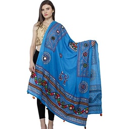 Exotic India Printed Dupatta from Kutch with Hand-Embroidered Florals and Mirrors