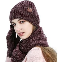 LumiSyne Winter 3 in 1 Scarf Hat Glove Set for Men Women Knitted Beanie Hat Jacquard Solid Color Scarf Touch Screen Gloves