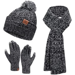 Womens Winter Warm Beanie Hat Touchscreen Gloves Long Scarf Set Ribbed Cable Knit with Fleece Lined Skull Pom Caps
