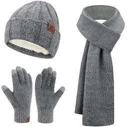 Womens Winter Warm Knit Beanie Hats and Touchscreen Gloves Long Scarf Sets with Sequins Thick Fleece Lined