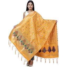 Exotic India Brocade Dupatta from Gujarat with Birds and Geometric Motifs All-Over