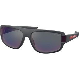 Prada Linea Rossa PS 03WS UR701G Grey Plastic Rectanlge Sunglasses Blue Mirror Lens