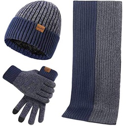 LumiSyne Winter 3 in 1 Set Two-Color Jacquard Touch Screen Gloves Knitted Beanie Hat Long Scarf for Men Women Soft Wool