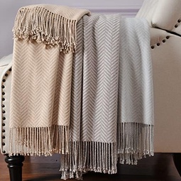 CUDDLE DREAMS Silk Throw Blanket with Fringe, Pure Mulberry Silk, Naturally Soft, Breathable (Herringbone Taupe)