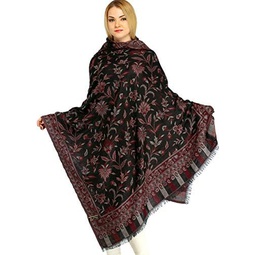 Exotic India Reversible Jamawar Shawl from Amritsar with Woven Flowers - Wool