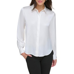 Womens DKNY Long Sleeve Shirt Collar Button Front with Contrast Stitch