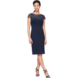 Alex Evenings Short Sheath Dress with Embroidered Illusion Neckline and Cap Sleeves