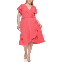 Womens DKNY Plus Size Short Sleeve Ruffled Faux Wrap Dress