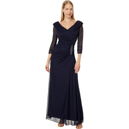 Alex Evenings Long Mesh Dress with Portrait Collar and Embellished Hip Detail