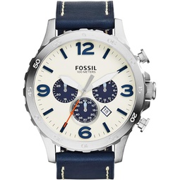 Fossil Mens JR1480 Nate Stainless Steel Chronograph Watch with Navy Leather Band