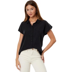 Mod-o-doc Stone Washed Tencel Short Sleeve Button-Down Hi-Lo Blouse