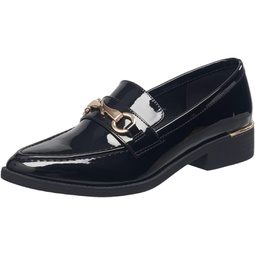 French Connection Women’s Heeled Loafers - Black Womens Loafer with Gold Buckle - Slip-on Fashion Shoes for School, Work, Travel - Black Ladies Pointed-Toe Loafers
