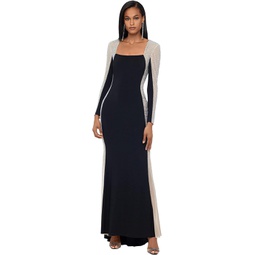 XSCAPE Long Ity Square Neck Long Sleeve Dress with Caviar Beading