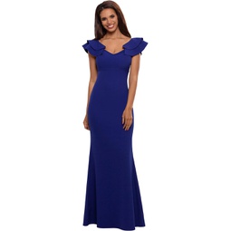 Betsy & Adam Long Over-the-Shoulder Ruffles Gown