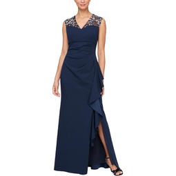 Alex Evenings Long Matte Jersey Dress with Embroidered Illussion Neckline