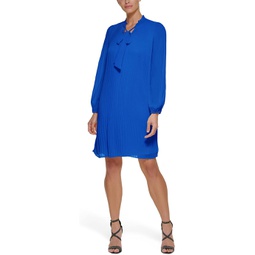 Womens DKNY Long Sleeve Pleated Shift Dress with Neck Tie