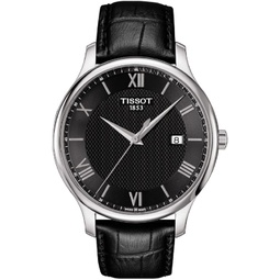 Tissot Mens Tradition Swiss Quartz Stainless Steel and Leather Dress Watch, Color:Black (Model: T0636101605800)