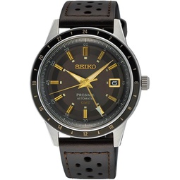 SEIKO Mens Satin Black Dial Brown Grained Leather Band Presage Automatic GMT Analog Watch
