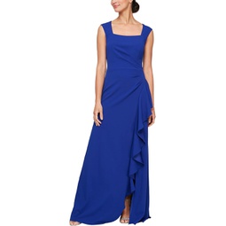 Womens Alex Evenings Long Crepe Dress with Square Neck and Cascade Ruffle Detail
