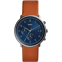 Fossil Chase Time Chronograph 3 Hand Mens Luggage Leather Watch with Blue Face