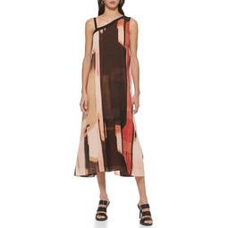 Womens DKNY Sleeveless Print Chiffon Cold-Shoulder Dress