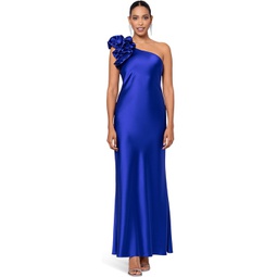 Womens XSCAPE Ths Long Satin Is Sure To Be A Showstopper At Any Event With The Carefull Crafter Ruffle Shoulder