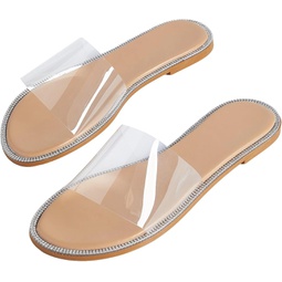 WDIRARA Clear Strap Rhinestone Sandals Open Toe Flat Slide Sandals Vacation Sandals