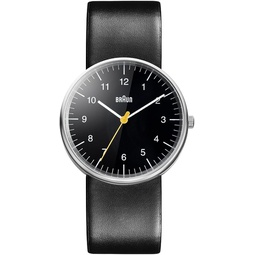 Braun Mens 3-Hand Analogue Quartz Watch, Black Dial and Black Leather Strap, 38mm Stainless Steel Case, Model BN0021BKBKG.