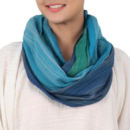 NOVICA Artisan Handmade Cotton Infinity Scarf from Thailand White Green Or Teal Blue Accessories Scarves Striped Seaside Breezes