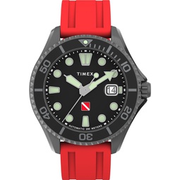 Timex Mens Deep Water 44mm Watch - Red Strap Black Dial Gunmetal Case