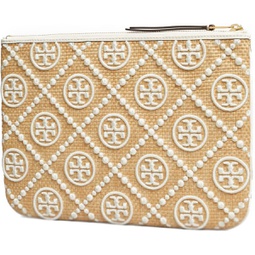 Tory Burch Womens T Monogram Embroidered Straw Pouch (New Ivory)