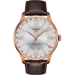 Tissot Mens Chemin des Tourelles 316L Stainless Steel case with Rose Gold PVD Coating Swiss Automatic Watch, Brown, Leather, 21 (T0994293603800)