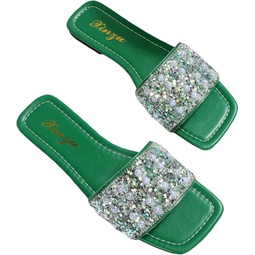 WDIRARA Sequins Pearls Slip On Slide Sandals Summer Open Toe Flat Sandals