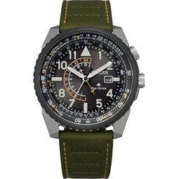 Citizen Mens Eco-Drive Promaster Air Nighthawk Pilot Watch in Stainless Steel with Olive Green Leather Strap, Black Dial (Model: BJ7138-04E)