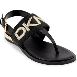 DKNY Womens Halcott Flat Sandal, Black/Gold Amber, 8.5