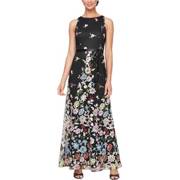 Womens Alex Evenings Long Embroidered A-Line Dress with Satin Tie Belt
