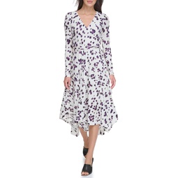 Womens DKNY Long Sleeve Print V-Neck Wrap Dress