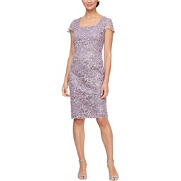Womens Alex Evenings Embroidered Sheath Dress with Cap Sleeves and Square Neckline