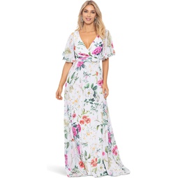Betsy & Adam Long Floral Flare Sleeve Dress