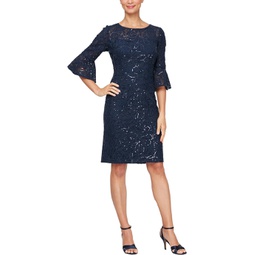 Alex Evenings Short Corded Lace Sheath Dress with Illusion Neckline and Bell Sleeves