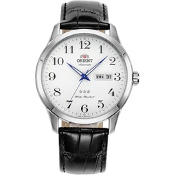 Orient Tristar 3 Star Automatic Watch for Men, Classic White Dial Blue Hands Leather Brand Dress Watch Stainless Steel RA-AB0004S0BD